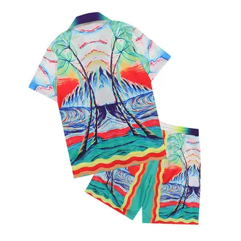 Повседневный комплект шорт с абстрактной цифровой печатью в стиле харадзюку, Свободная рубашка с коротким рукавом, Мужской костюм для пляжного отдыха в стиле хип-хоп с коротким рукавом.
