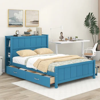 Полноразмерная кровать-платформа с выдвижными ящиками и полками для хранения, синий