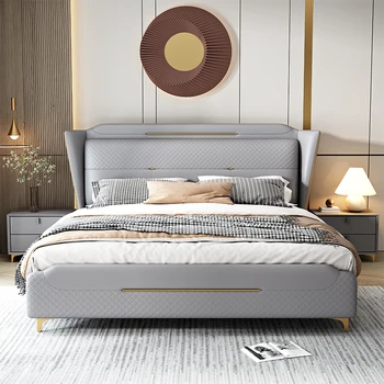 Простая современная скандинавская роскошная кожаная мебель для спальни с двуспальной кроватью 1,8 м итальянская мебель