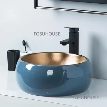 Раковина для ванной комнаты в скандинавском стиле, легкая, роскошная Бытовая платформа, раковина с металлической глазурью, круглая раковина для ванной комнаты арт-отеля