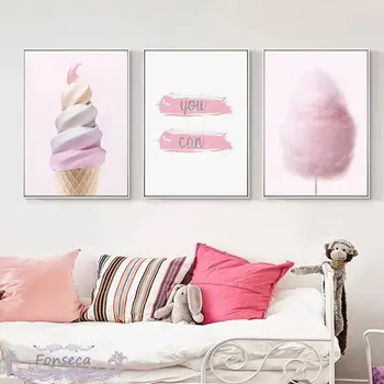 Розовое мороженое, Сахарная вата, Настенное искусство, холст, положительные цитаты, которые вы можете разместить на плакате, детская картина, украшение детской спальни