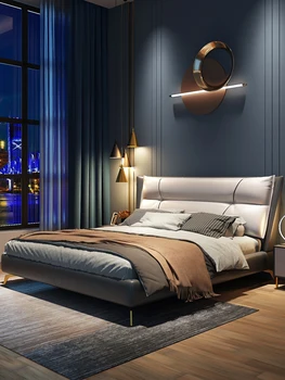 Роскошная кожаная кровать в скандинавском стиле, главная спальня, современная минималистичная кровать с кожаной обивкой, итальянская двуспальная кровать высокого класса