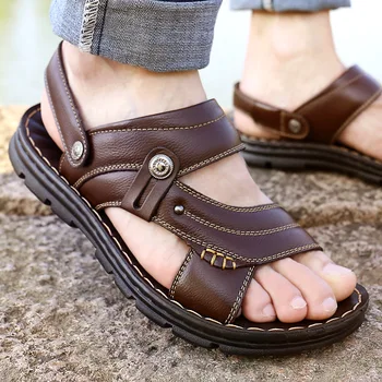 Сандалии мужские Летние Новые мужские повседневные Модные пляжные туфли, тапочки, удобная обувь на толстой подошве, обувь из натуральной кожи