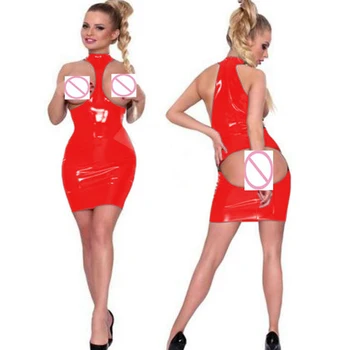 Сексуальное женское эротическое мини-платье с открытой грудью и открытой задницей из ПВХ, кожаное мини-платье для полночных вечеринок, облегающее платье без рукавов, клубная одежда 7XL