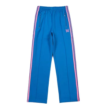 Синие повседневные брюки Needles, мужские и женские брюки с вышивкой бабочками, классические декоративные брюки с боковыми лямками
