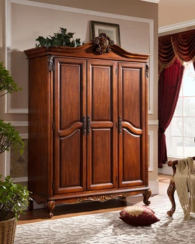 Спальня из массива дерева в американском стиле, большой шкаф с двумя или тремя дверцами, мебель, простой шкаф, хранилище в европейском стиле в стиле ретро