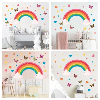 Съемные радужные наклейки на стены, водонепроницаемые ПВХ, виниловые наклейки на стены с бабочкой и звездой для детской комнаты для девочек, декоративной детской