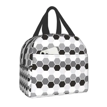 Черно-серая Шестиугольная Геометрическая изолированная сумка для ланча для женщин с абстрактной геометрией, Термосумка для ланча, касса для пикника, путешествия