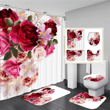 Элегантная занавеска для душа с принтом бабочки и розы, Женское украшение ванной комнаты, Нескользящий коврик для ванной, Крышка для унитаза, Принадлежности для туалета