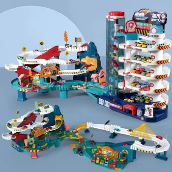 Электрический железнодорожный вагон; здание с динозаврами; автостоянка; Приключенческие гонки; игрушки для железнодорожных вагонов; Детские механические интерактивные железнодорожные вагоны