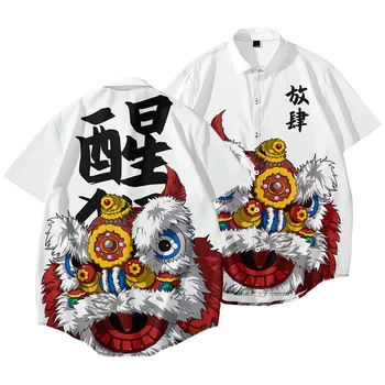 Японская Модная Летняя Рубашка 2023 Lion Dance С Коротким Рукавом Harajuku Уличная Гавайская Мужская Хип-Хоп Рубашки Оверсайз